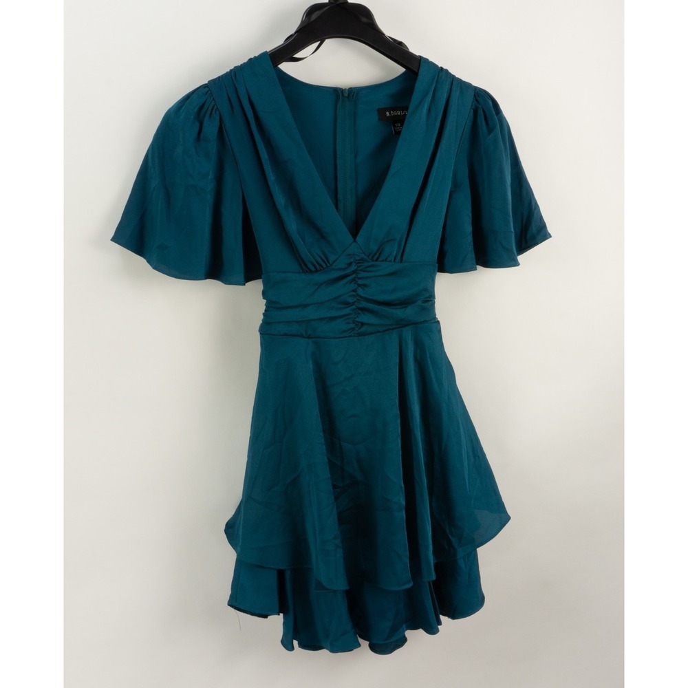 B‎ Darlin Pleated Gathered Ruched Short Sleeve Fit & Flare Dress Size 1/2 Blue